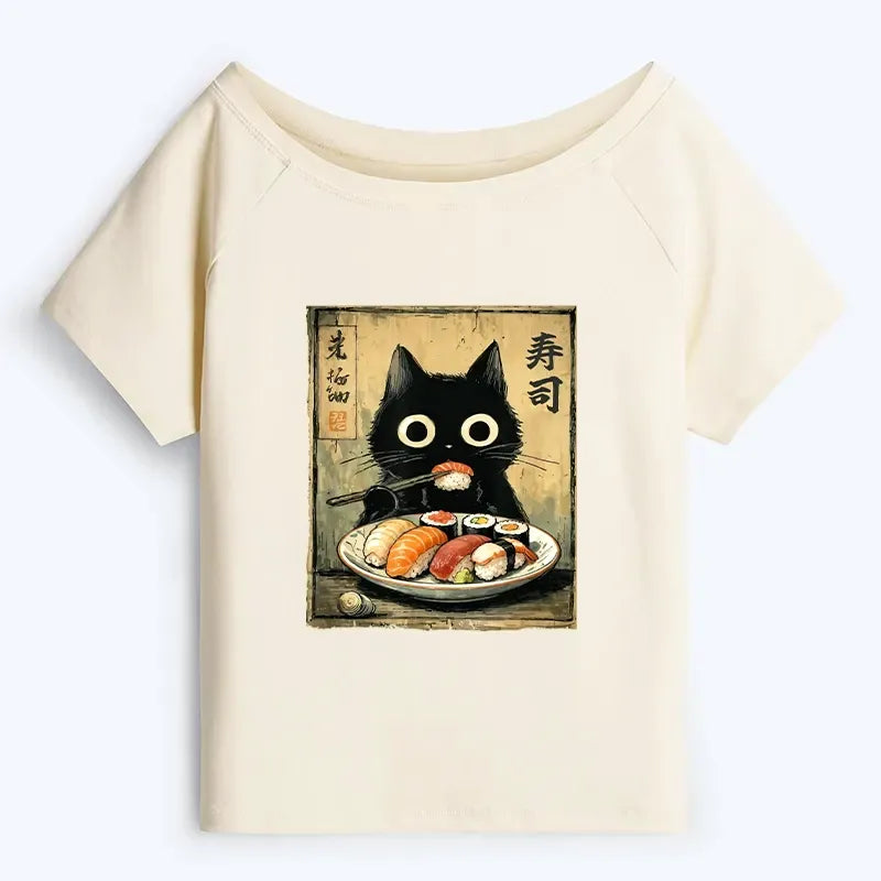 Kyoto-Lion Vintage Japanese Sushi Cat Off Shoulder T-Shirt