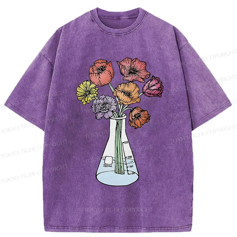 Kyoto-Lion Beaker Flower Art Washed T-Shirt