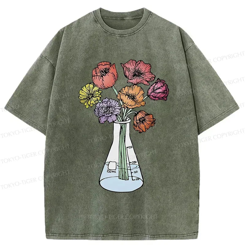 Kyoto-Lion Beaker Flower Art Washed T-Shirt