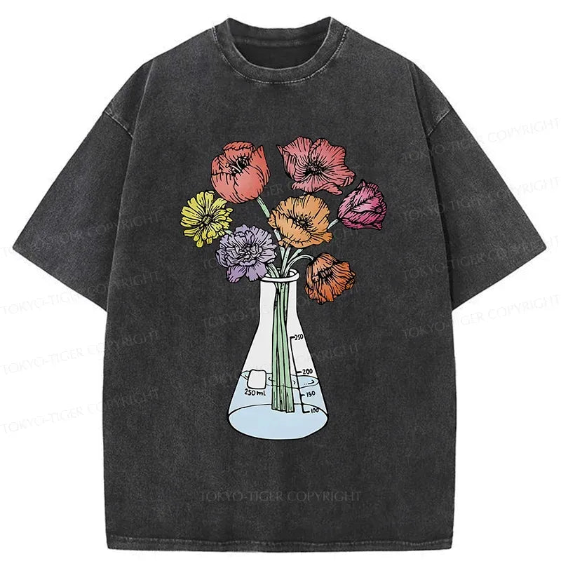 Kyoto-Lion Beaker Flower Art Washed T-Shirt