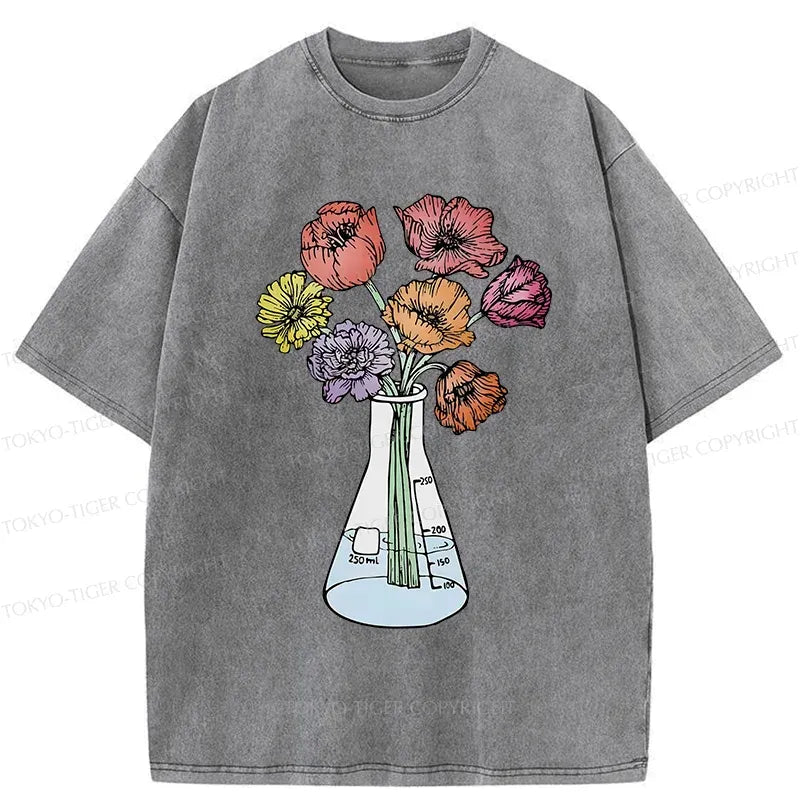 Kyoto-Lion Beaker Flower Art Washed T-Shirt