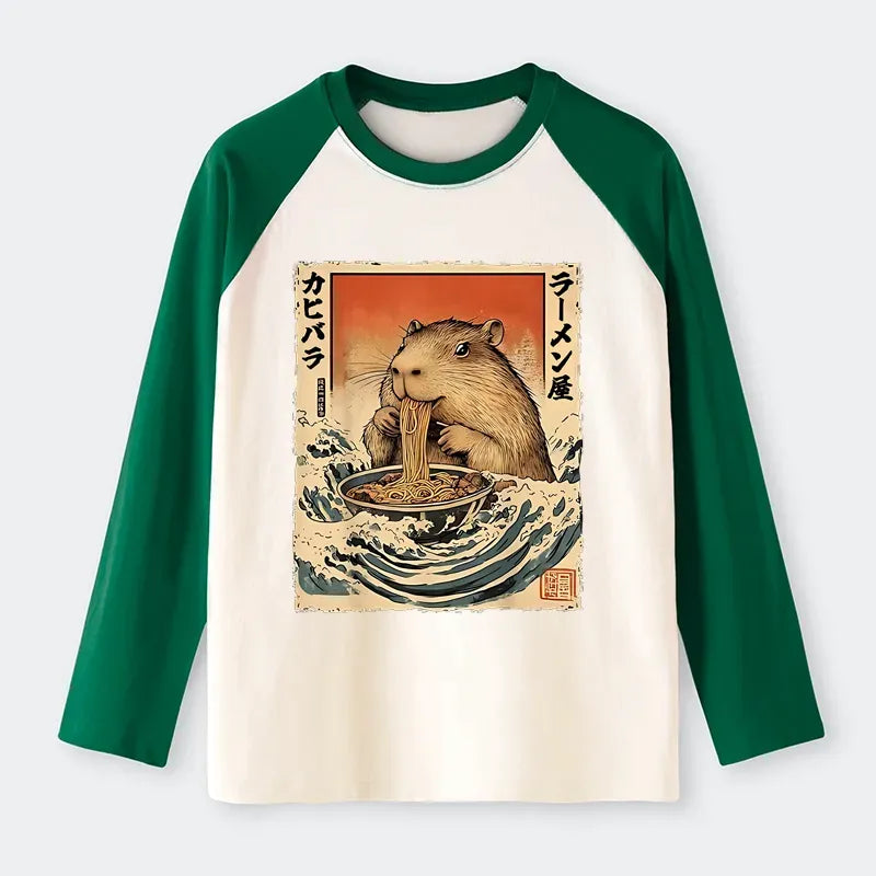 Kyoto-Lion Hamster Eating Ramen Raglan Long Sleeve T-shirt