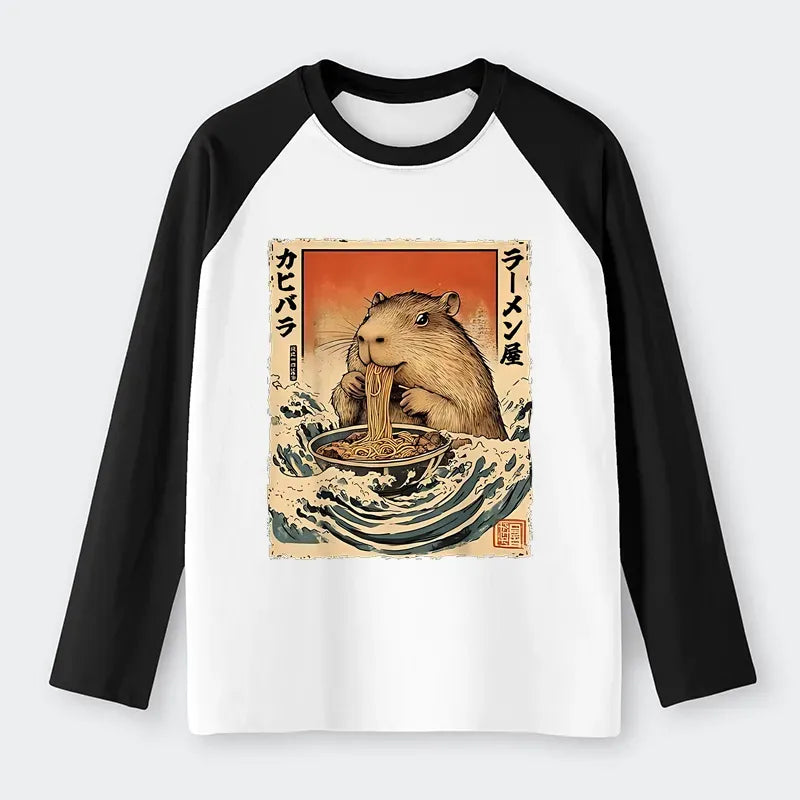 Kyoto-Lion Hamster Eating Ramen Raglan Long Sleeve T-shirt