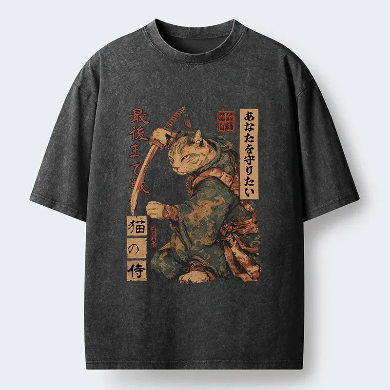Japanese Samurai Cat Washed T-Shirt