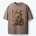 Kyoto-Lion Retro Cat Japanese Samurai Funny Washed T-Shirt