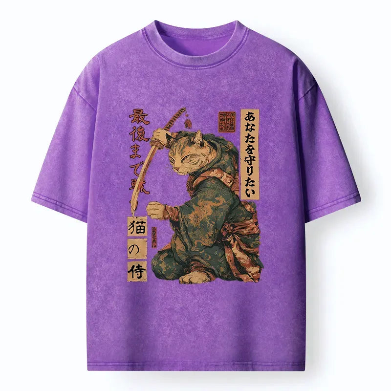 Japanese Samurai Cat Washed T-Shirt