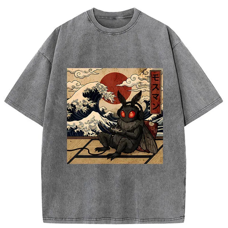 Kyoto-Lion Mothman Plays Game Japanese Funny Washed T-Shirt