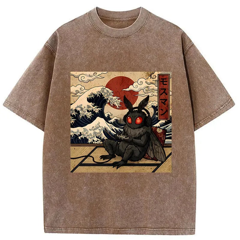 Kyoto-Lion Mothman Plays Game Japanese Funny Washed T-Shirt