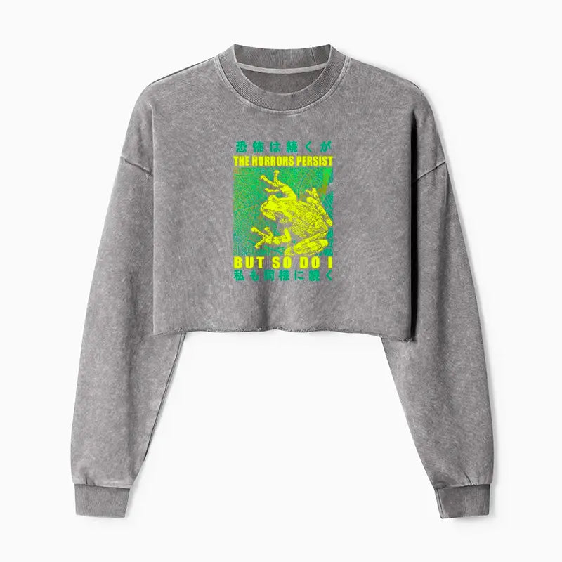 Kyoto-Lion The Horrors Persist Frog Washed Crop Sweatshirt