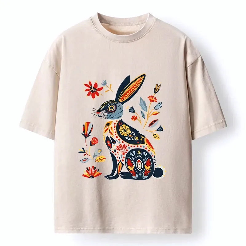 Japanese Folk Hare Bloom T-Shirt for Daily Wear