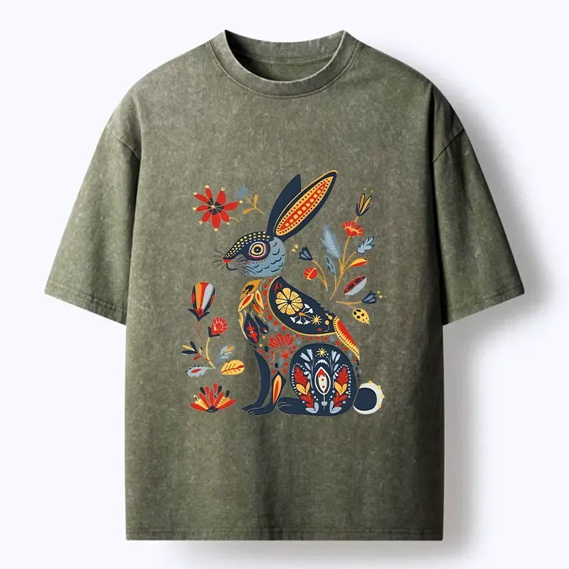 Japanese Folk Hare Bloom T-Shirt for Daily Wear