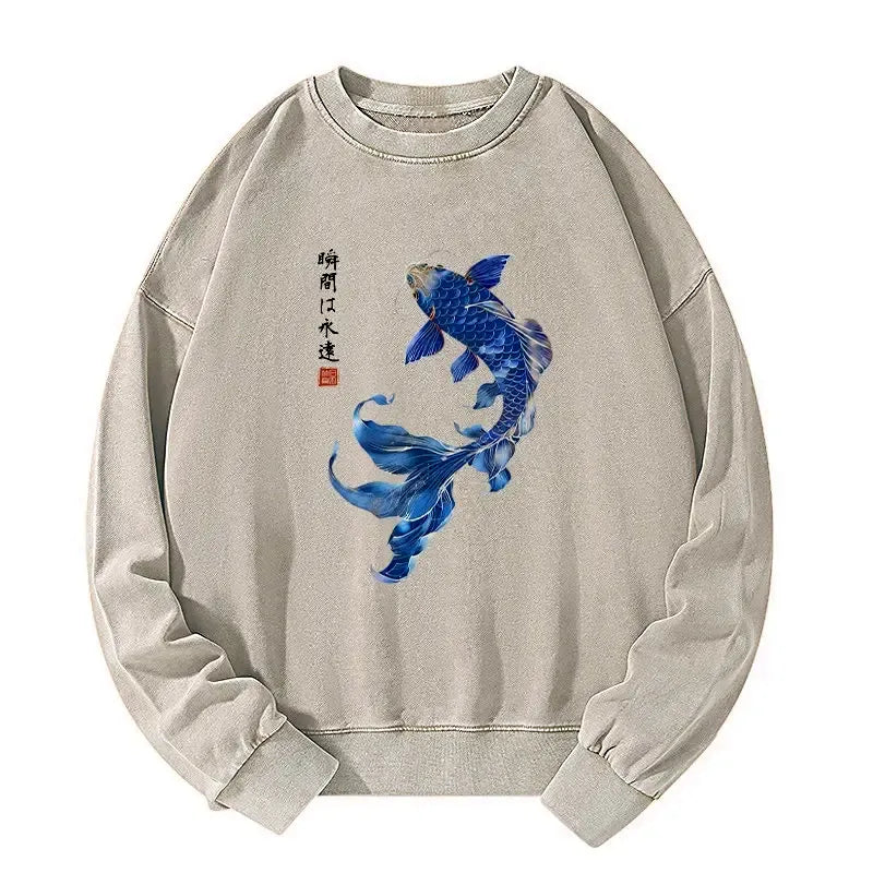 Kyoto-Lion Lucky Blue Koi Fish Art Washed Sweatshirt