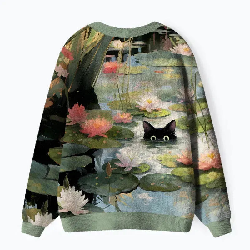 Kyoto-Lion Cats In The Lotus Pond Ugly Cardigan Sweater