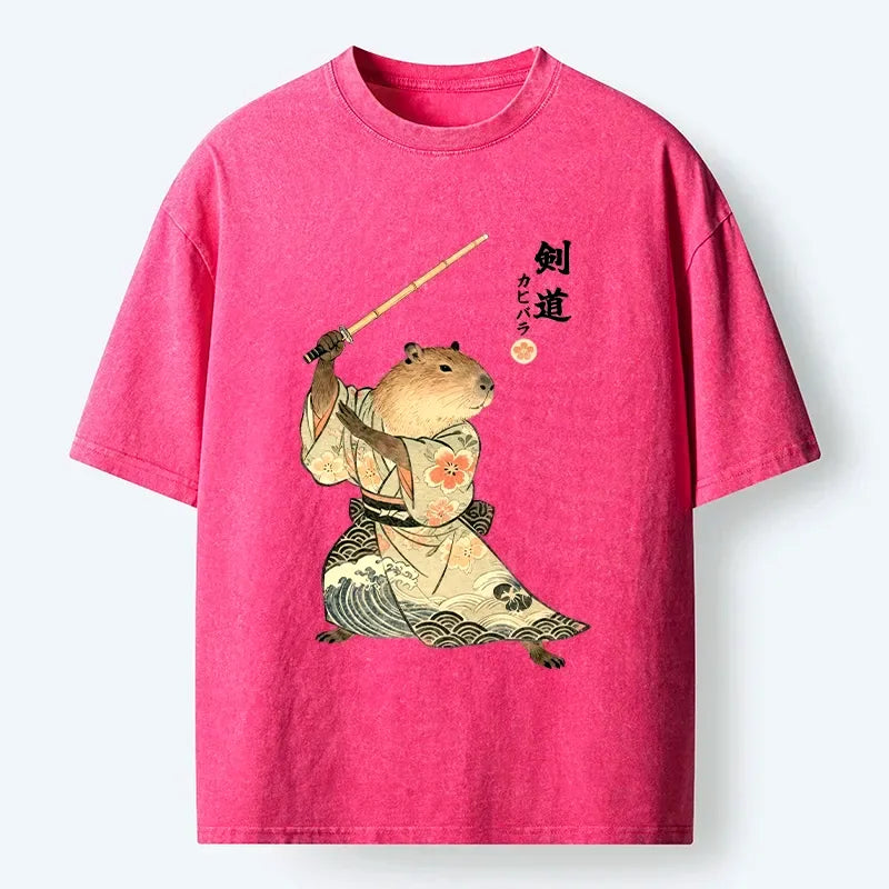 Kyoto-Lion Funny Samurai Capybara Kendo Washed T-Shirt