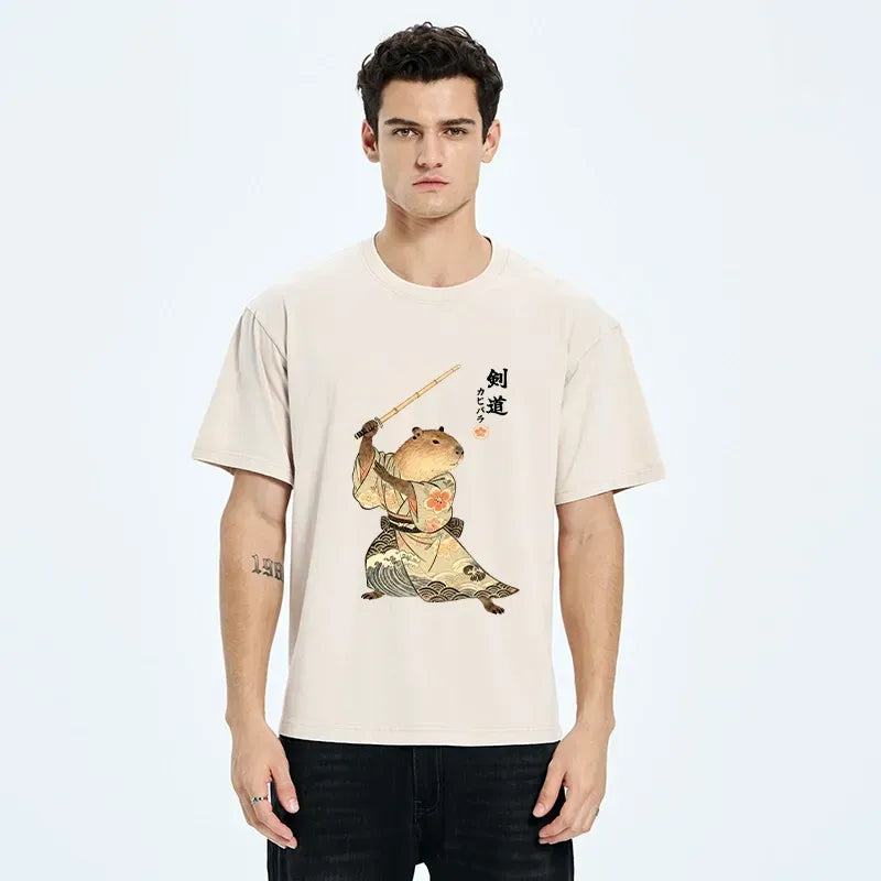 Capybara Samurai Washed Tee for Casual Vacation