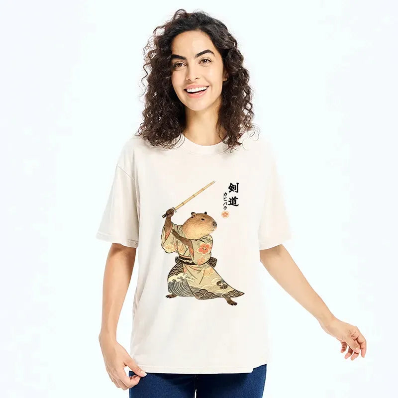 Capybara Samurai Washed Tee for Casual Vacation