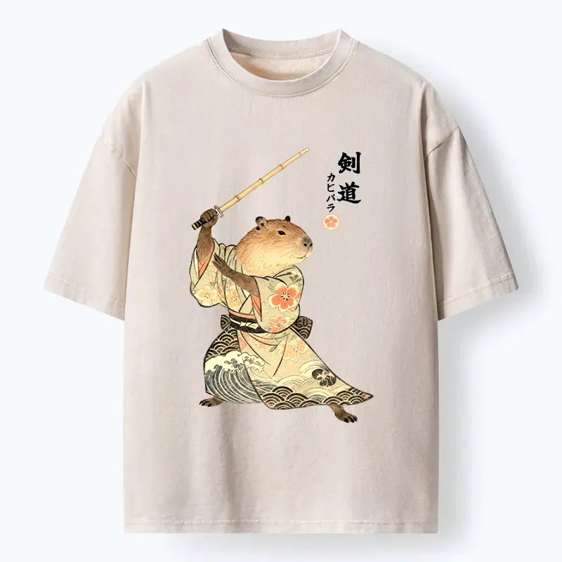 Kyoto-Lion Funny Samurai Capybara Kendo Washed T-Shirt