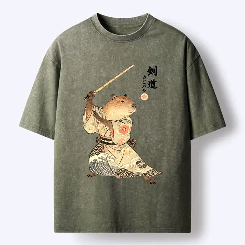 Capybara Samurai Washed Tee for Casual Vacation