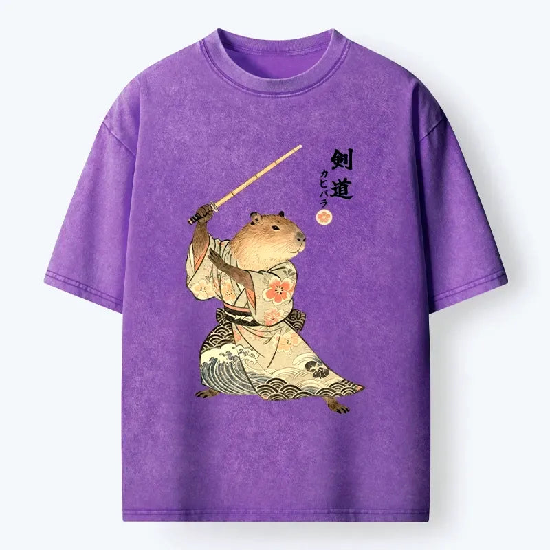 Capybara Samurai Washed Tee for Casual Vacation