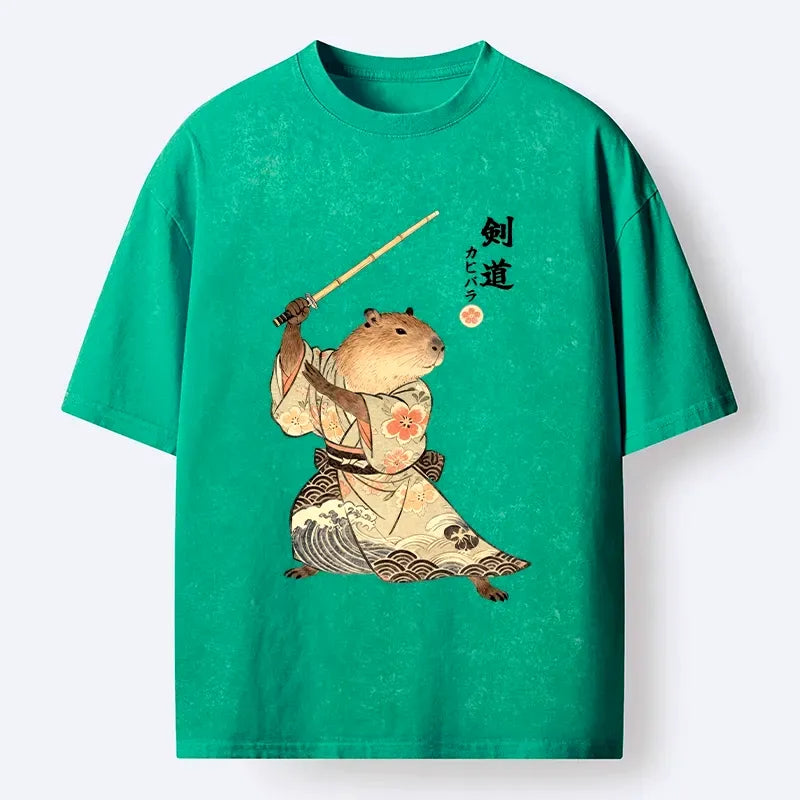 Capybara Samurai Washed Tee for Casual Vacation