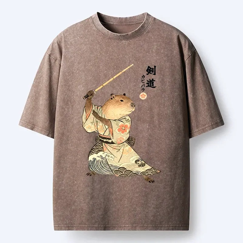 Japanese Kendo Capybara Washed T-Shirt On Sale