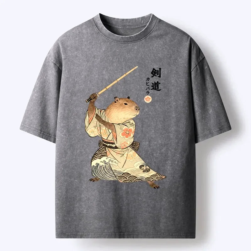 Japanese Kendo Capybara Washed T-Shirt On Sale