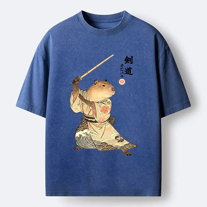 Capybara Samurai Washed Tee for Casual Vacation
