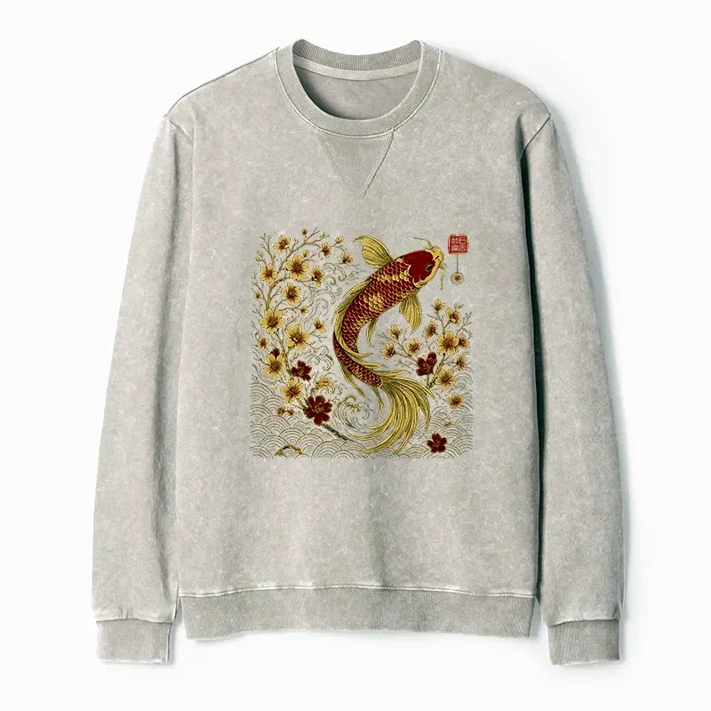 Kyoto-Lion Vintage Sakura And Koi Washed Terry Sweatshirt