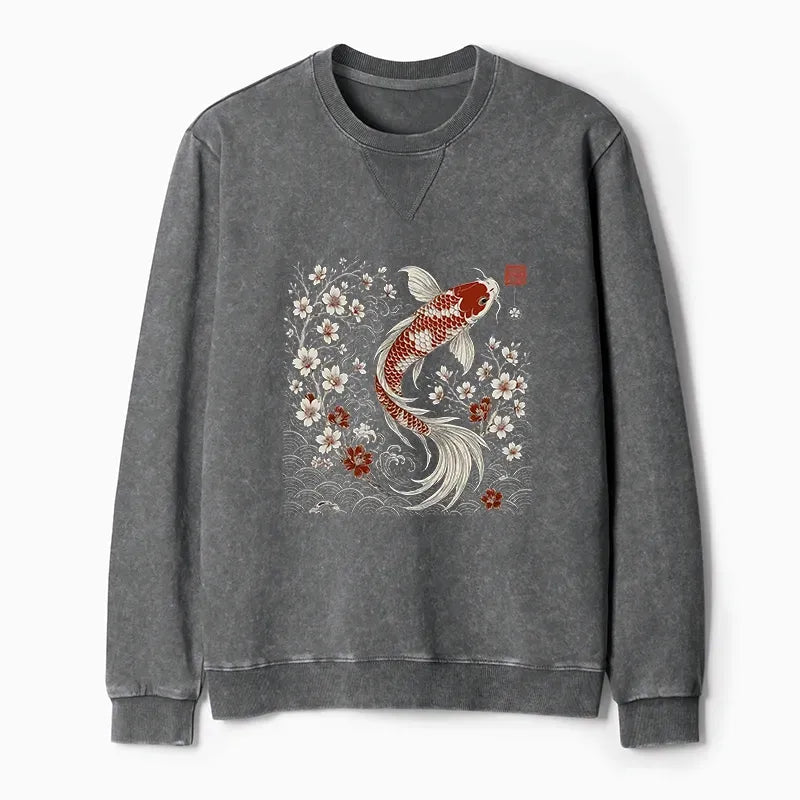 Kyoto-Lion Vintage Sakura And Koi Washed Terry Sweatshirt