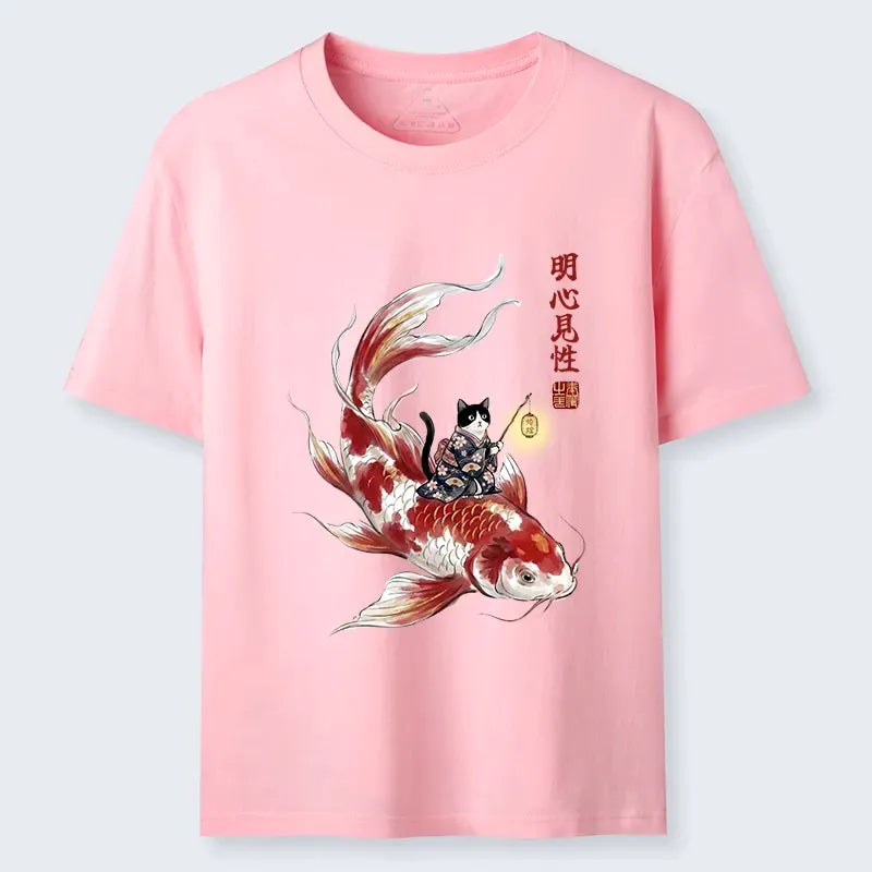 Cute Kimono Cat on Koi Fish T-Shirt