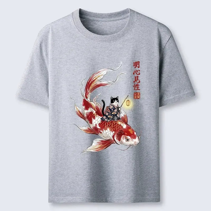 Cute Kimono Cat on Koi Fish T-Shirt