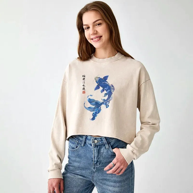 Kyoto-Lion Lucky Blue Koi Fish Art Washed Crop Sweatshirt