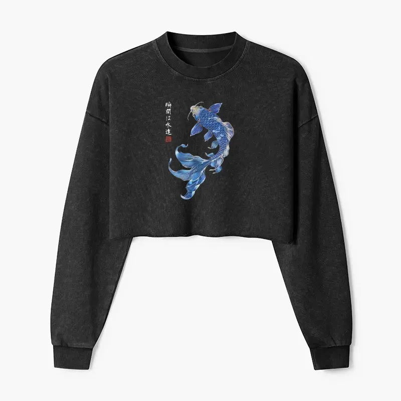 Kyoto-Lion Lucky Blue Koi Fish Art Washed Crop Sweatshirt