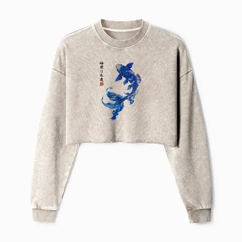 Kyoto-Lion Lucky Blue Koi Fish Art Washed Crop Sweatshirt