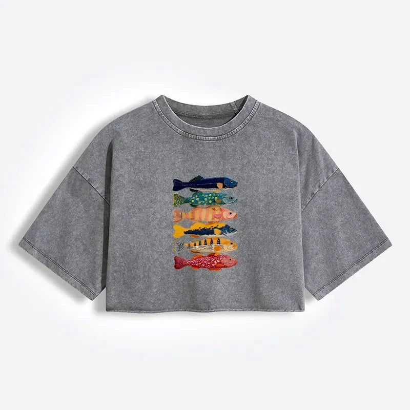 Japanese Koi Fish Washed Crop T-Shirt