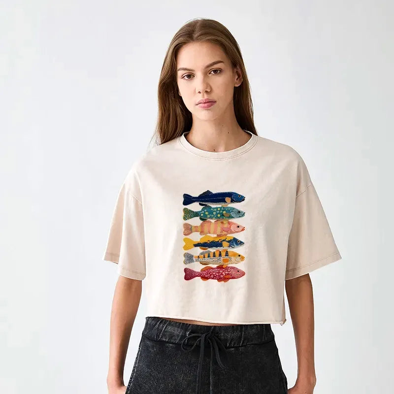 Kyoto-Lion Colorful Fish Art Collection Women's Washed Crop T-Shirt