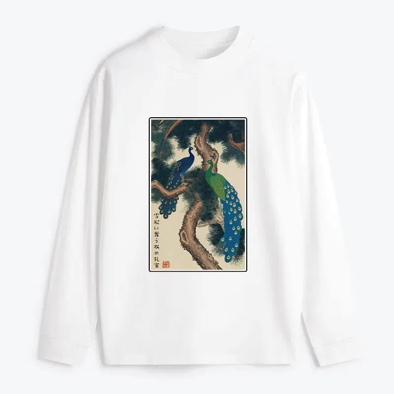 Kyoto-Lion Peacocks in Snowy Pines Classic Long Sleeve T-Shirt