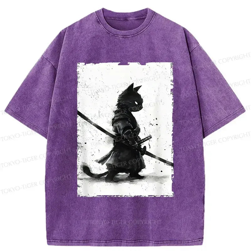 Japanese Washed Samurai Cat T-Shirt for Daily Wear