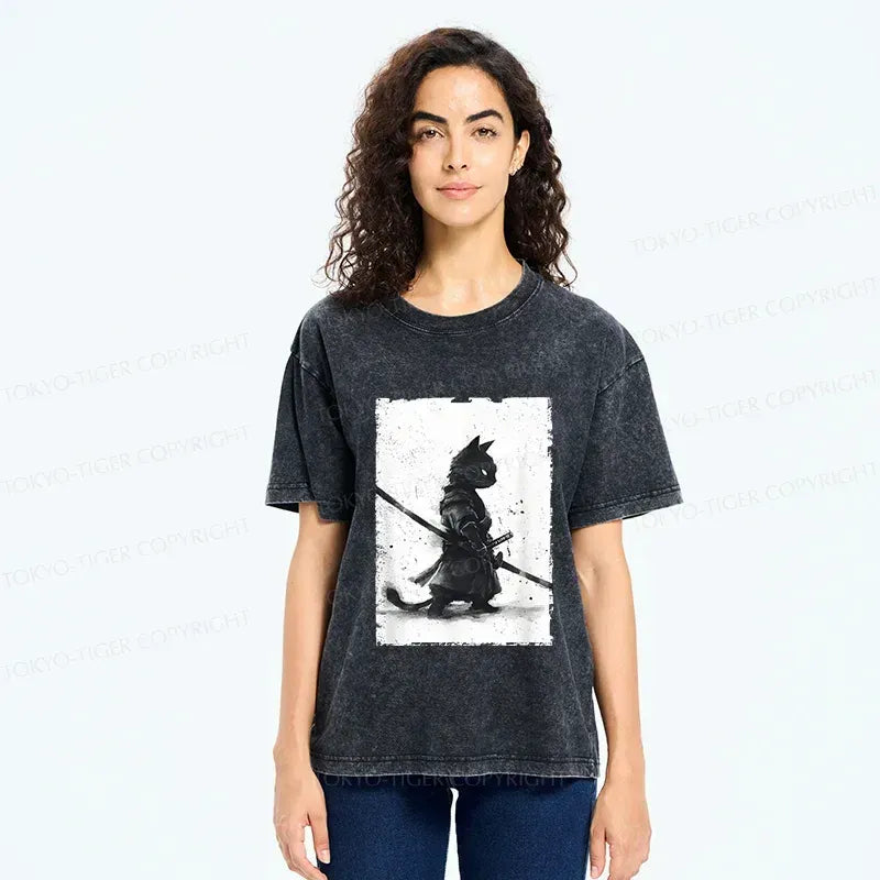 Japanese Washed Samurai Cat T-Shirt for Daily Wear