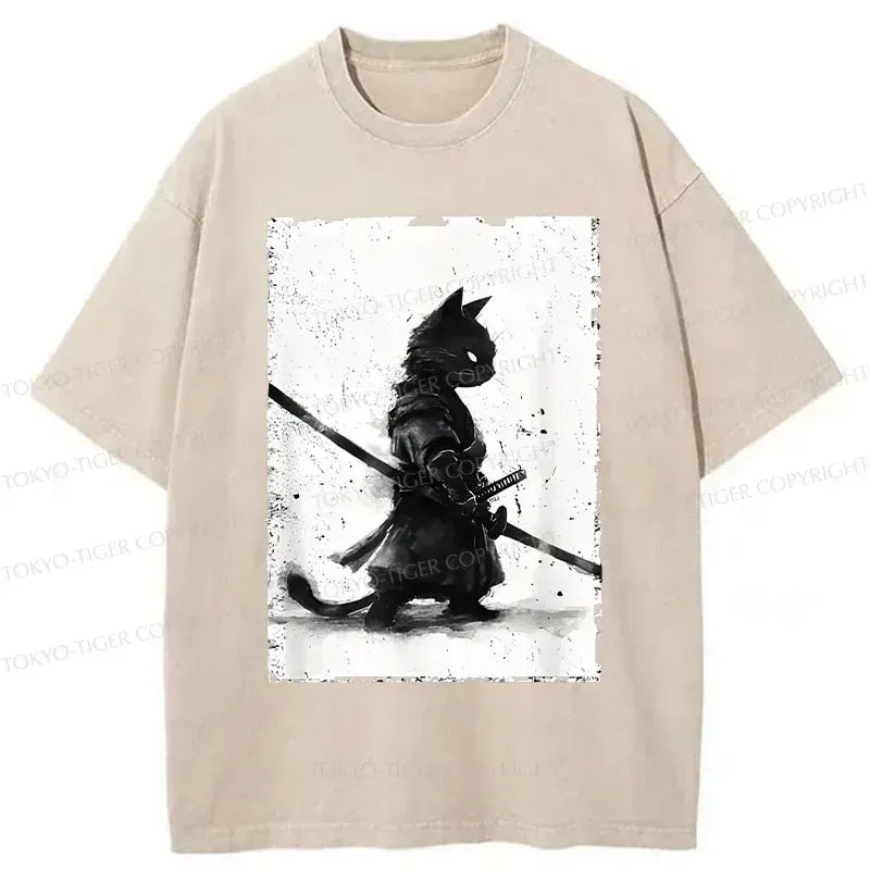 Kyoto-Lion Retro Cat Samurai Japanese Washed T-Shirt