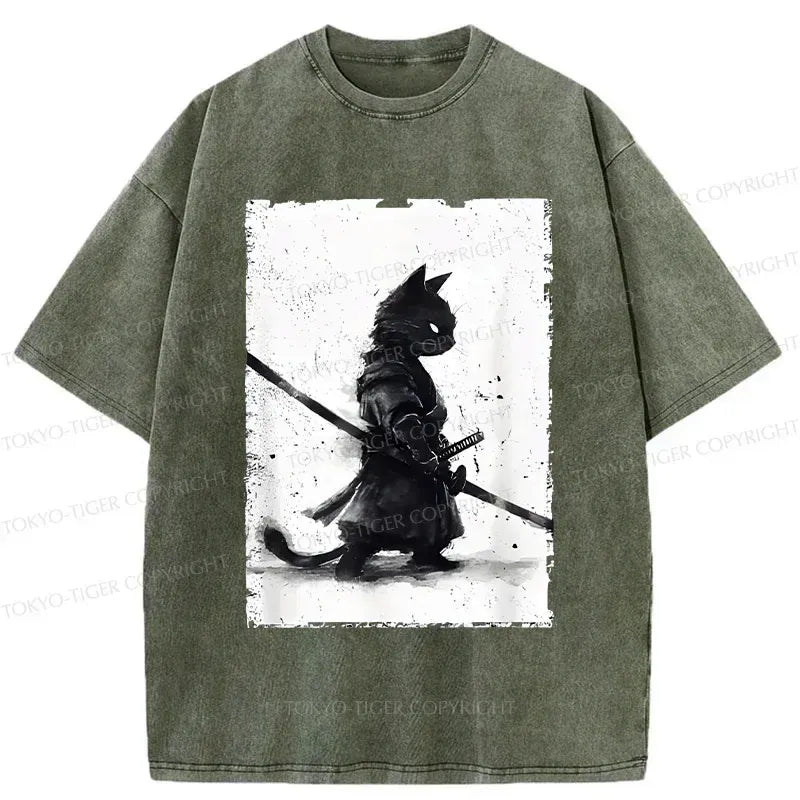 Japanese Washed Samurai Cat T-Shirt for Daily Wear