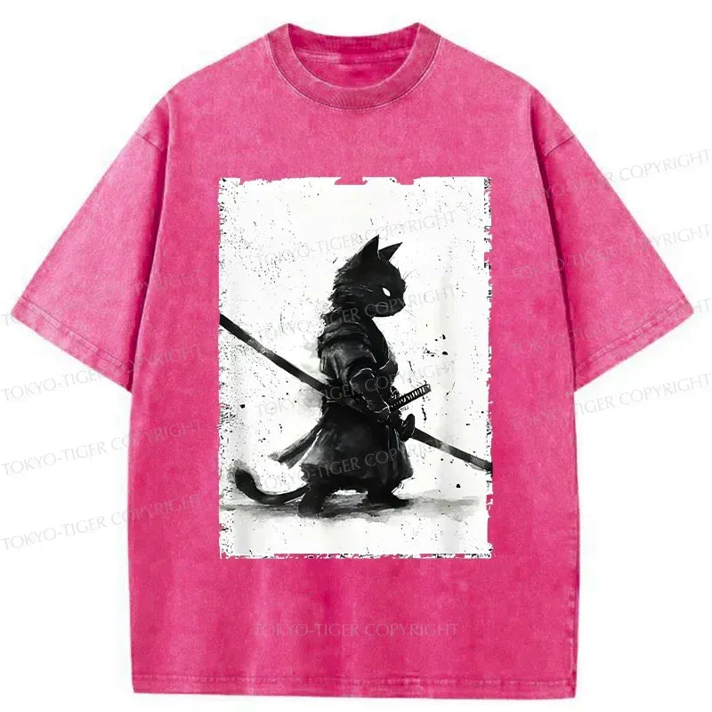 Kyoto-Lion Retro Cat Samurai Japanese Washed T-Shirt