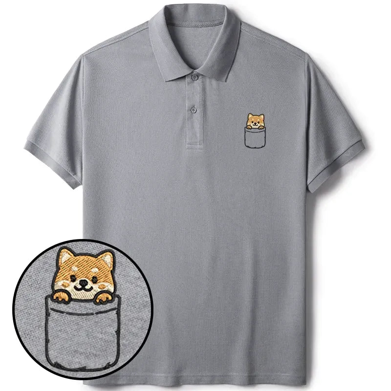 Kyoto-Lion Kawaii Shiba Inu Embroidered Polo T-Shirt
