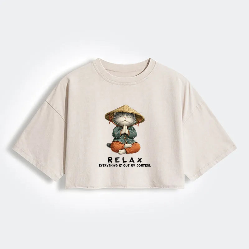 Kyoto-Lion Zen Relax Cat Graphic Women's Washed Crop T-Shirt