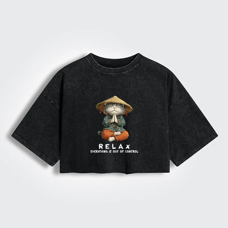 Kyoto-Lion Zen Relax Cat Graphic Women's Washed Crop T-Shirt