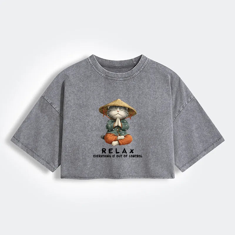 Kyoto-Lion Zen Relax Cat Graphic Women's Washed Crop T-Shirt