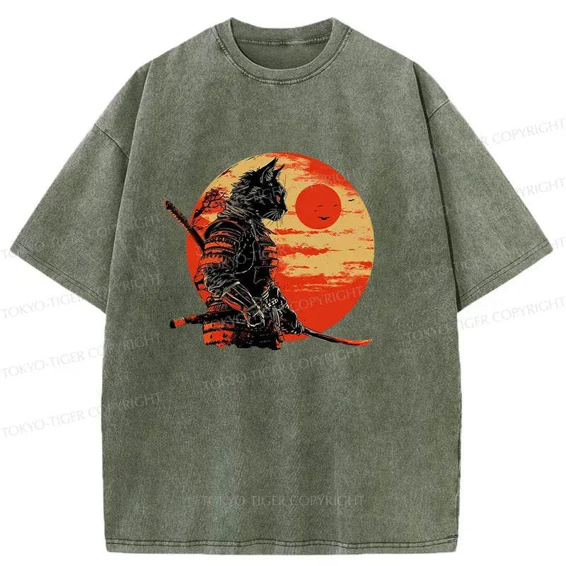 Trendy Sunset Washed Cat Samurai T-Shirt