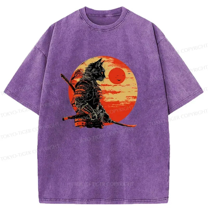 Trendy Sunset Washed Cat Samurai T-Shirt