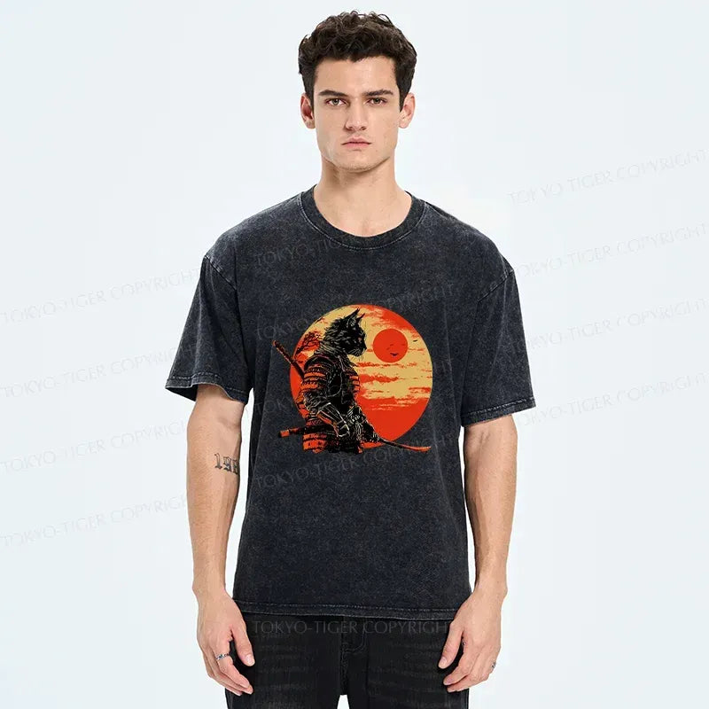 Kyoto-Lion Cat Samurai And Sunset Washed T-Shirt