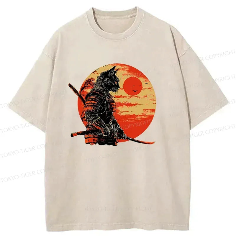Kyoto-Lion Cat Samurai And Sunset Washed T-Shirt